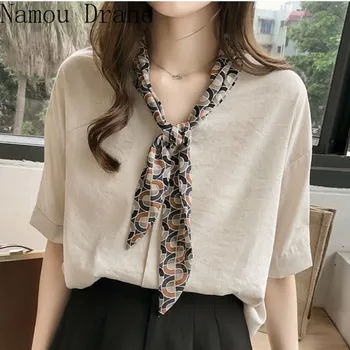 

Plus Size Tie Neck Short Sleeve Shirts Patchwork Casual Loose Blouse Women Korean Fashion Tops 2020 Summer New