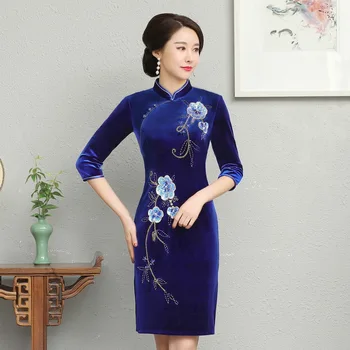

Flower Lady Classic Chinese Dress Sexy Mini Blue Cheongsam Oversize 4XL Velvet Qipao Novelty Sequins Evening Party Gown Vestidos