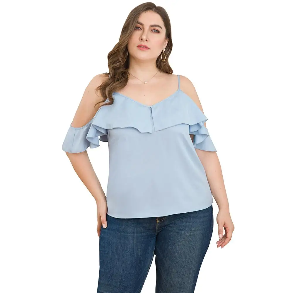

WHZHM Blue Plus Size 3XL 4XL Blouse and Shirt Women Strap Hollow Out Ruffles Deep V-Neck Sexy Elegant Big Size Shirt Tops Ladies