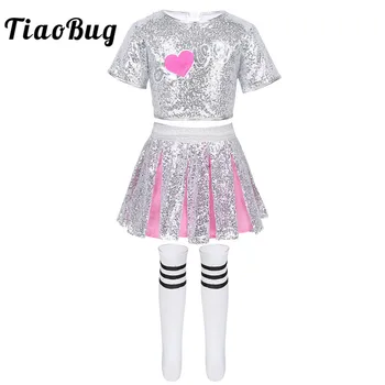 

Kids Girls Dancewear Silver Shiny Sequins Crop Tops with Skirt Striped Socks Set Stage Performance Hip Hop Jazz Dance Costume