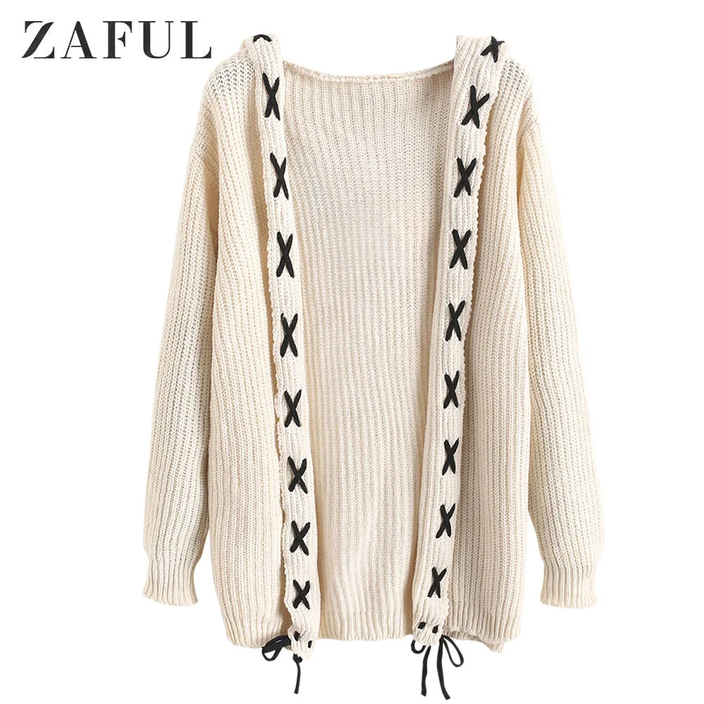 ZAFUL кардиган с капюшоном, на шнуровке, с открытым передом, с длинными рукавами, женские свитера, милый Повседневный стиль, осенние свитера, Повседневная Уличная одежда