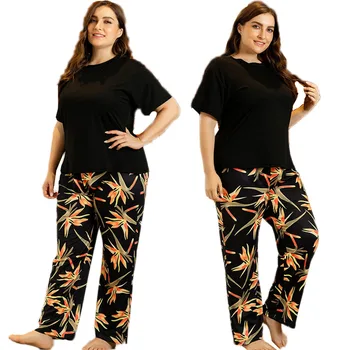 

2020 Summer New Women Leaf Print Pajamas Set Ladies Comfort Simple Style Sleepwear Loose Soft Casual Wear Homewear Leisure Wear
