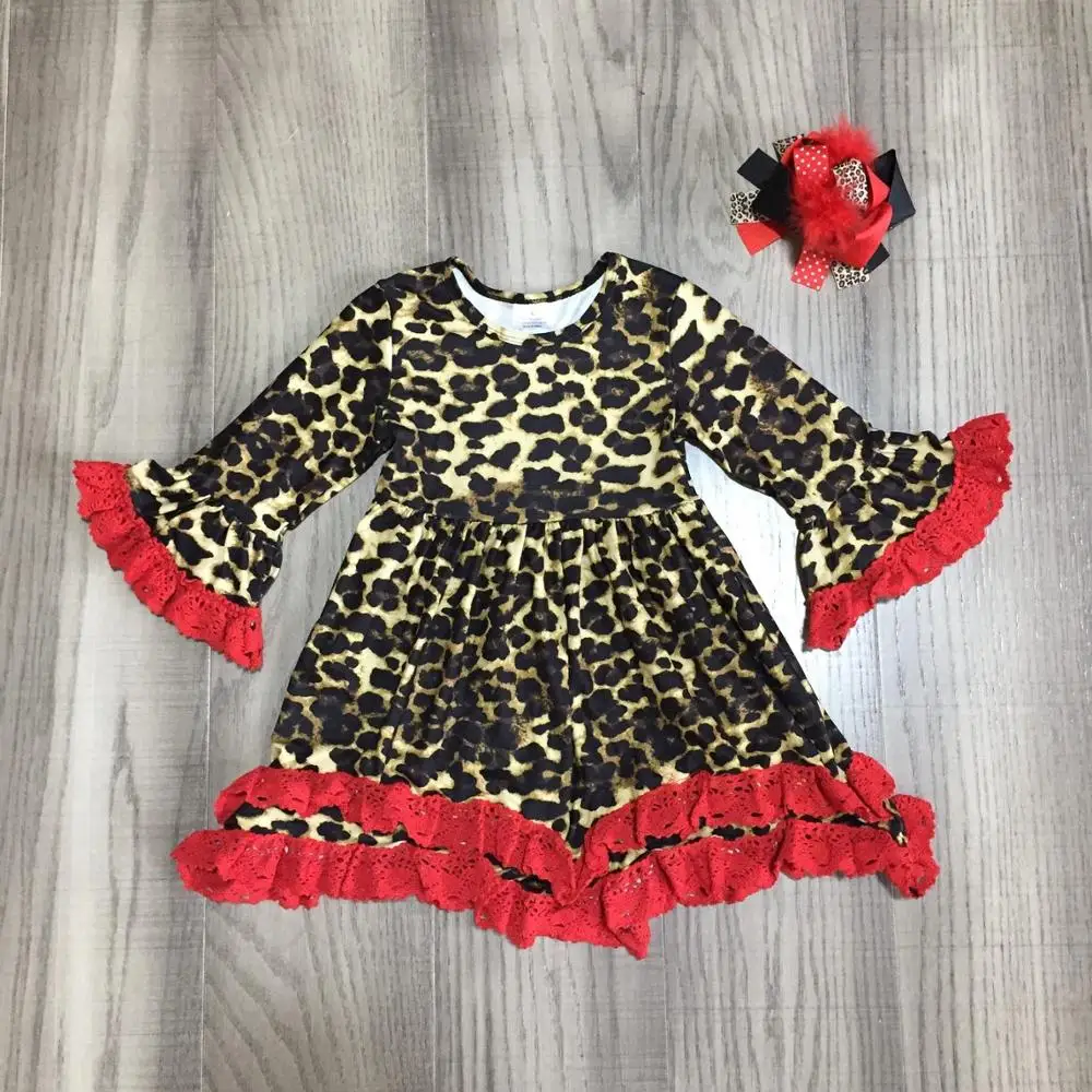 Весенне-зимнее красное Хлопковое платье с леопардовым принтом для маленьких девочек; детская одежда; изысканное платье до колена с оборками и длинными рукавами и бантом
