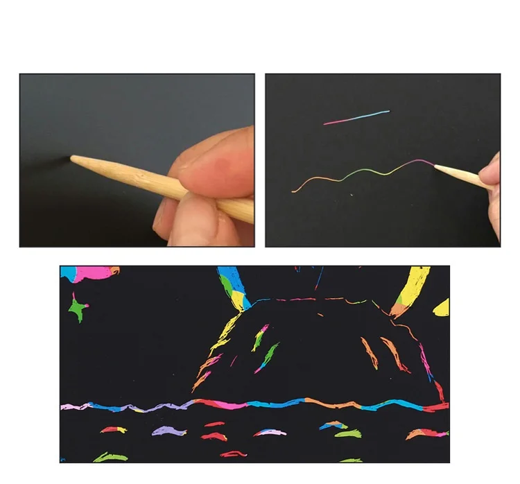 

Scratch Art Paper Rainbow Scratch Paper Black Doodle Pad with Rainbow For DIY Gift Background with Wooden Stylus