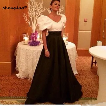 

Elegant Formal Evening Dresses Short Sleeve 2019 Saudi Arabia Plus Size White and Black Satin V-Neck Long Celebrity Party Dress