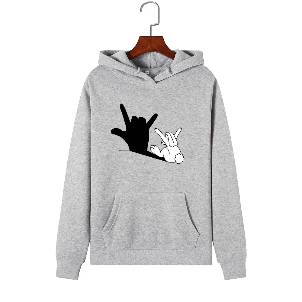 SINGRAIN Funny Rabbit Shadow Women Polerones Autumn Warm Hooded Pullover Sweatshirt kpop Harajuku Oversized Koya Print Hoodies - Цвет: gray