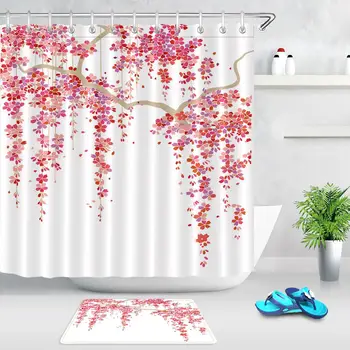 

Watercolor Red Flower natural Leafs Polyester Fabric Waterproof Shower Curtain 12 Hooks Bathroom Curtains Accessory Sets