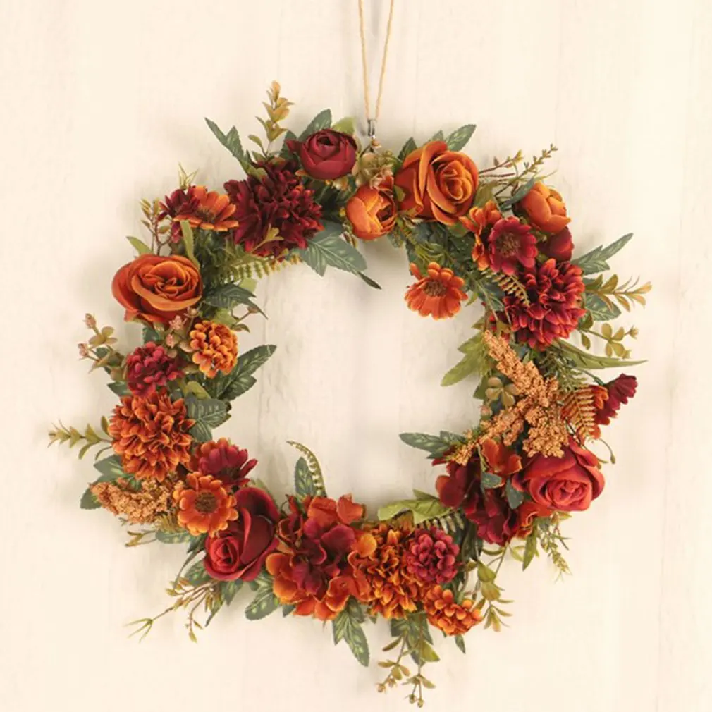 

Artificial Wreath Durable Beautiful Rose Fall Wreath Decoration Garland Hanging Decor for Home Thanksgiving Holiday
