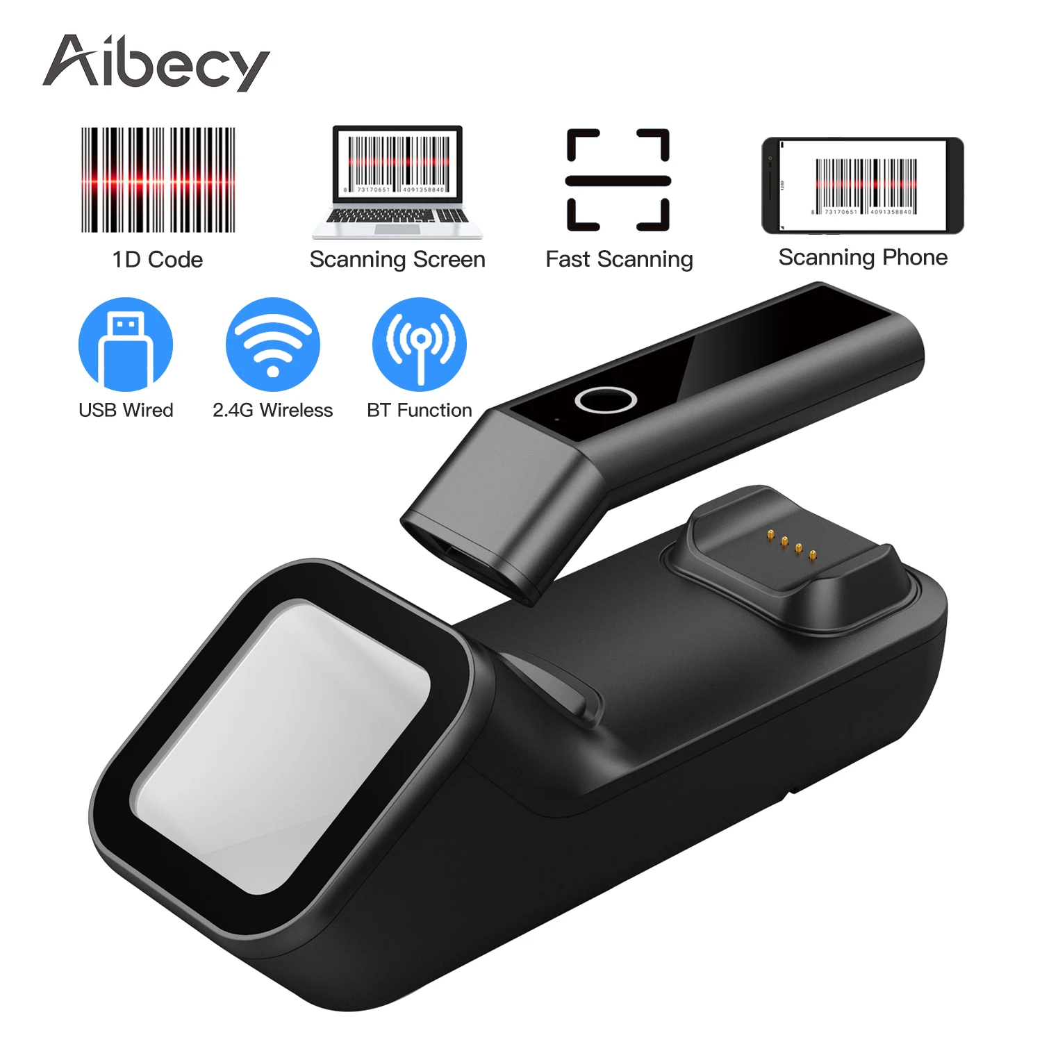 samsung scanner Aibecy 3-in-1 Barcode Scanner Handheld Bar Code Reader BT & 2.4G Wireless & USB Wired Connection with Charging & Scanning Base simple scanner