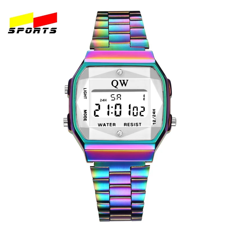 QW спортивные 3ATM винтажные Wo мужские часы из нержавеющей стали цифровой будильник секундомер наручные часы