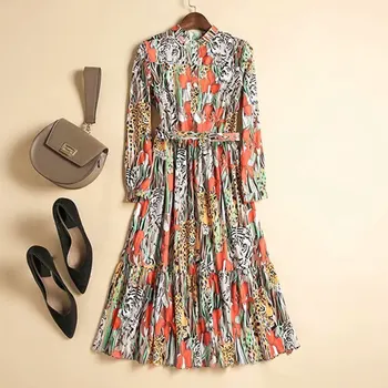 

European and American women's clothing 2019 winter new style Long sleeve stand-up collar floral leopard print fashion dress