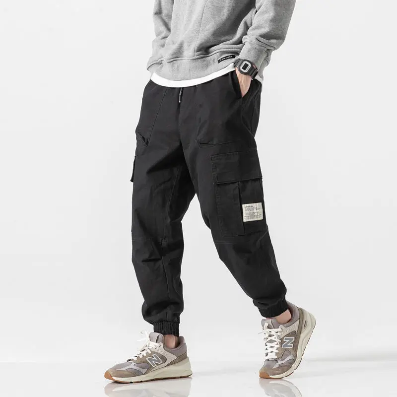 Men Cargo Jogger Harem Pants Streetwear Hip hop Ankle Length Trousers Elastic Waist Black Army green