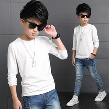 Однотонная футболка с круглым вырезом для мальчиков г. Осенняя новая стильная детская футболка с длинными рукавами из чистого хлопка весенне-осенняя футболка для подростков