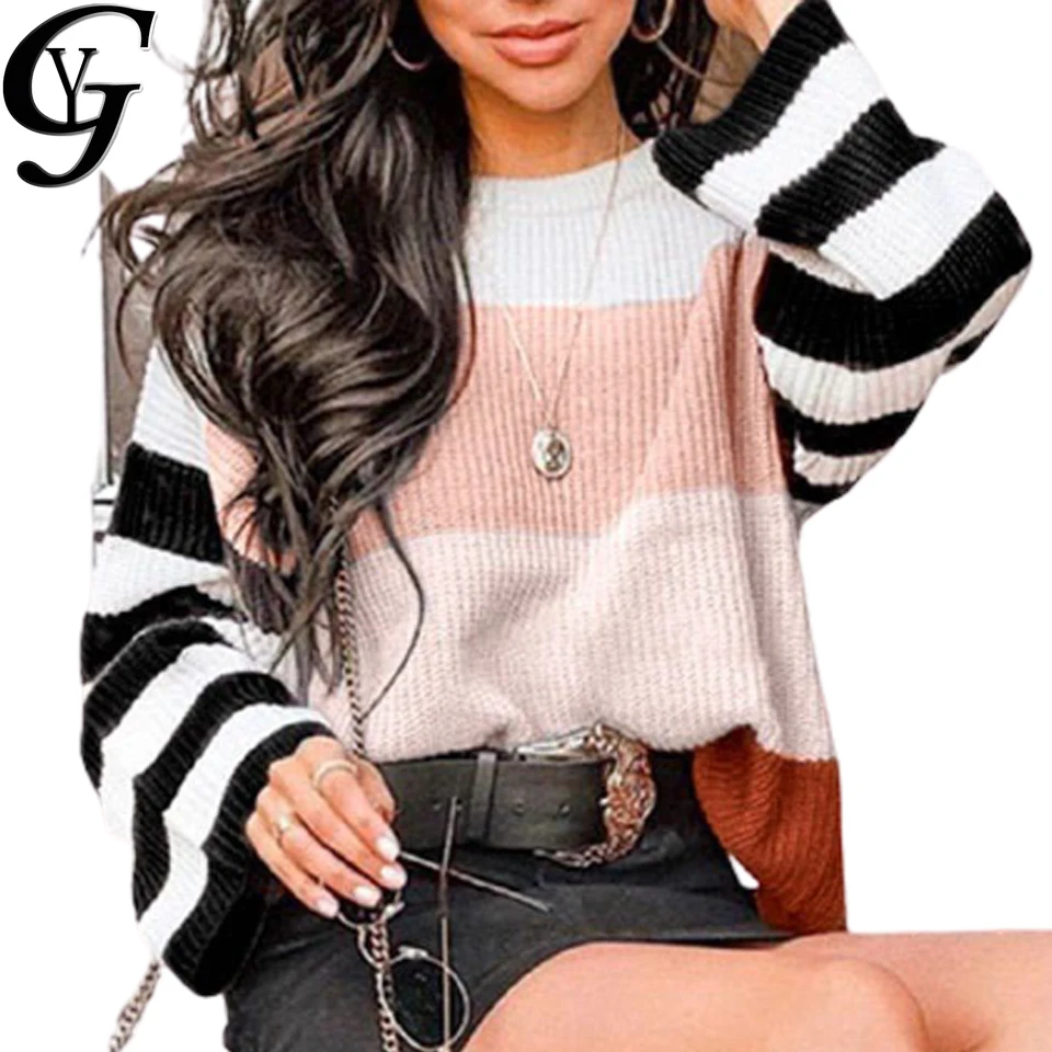 

O-neck Knitted Sweater Women 2020 Autumn Winter Stripe Print Female Jumpers Causal Loose Knitwear Pullover Sweater Pull Femme