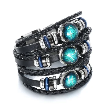 

IFMIA 12 Constellations Luminous Woven Men Leather Bracelet Jewelry Charm Bracelets For Men Boys Women Girl Accessories Birthday