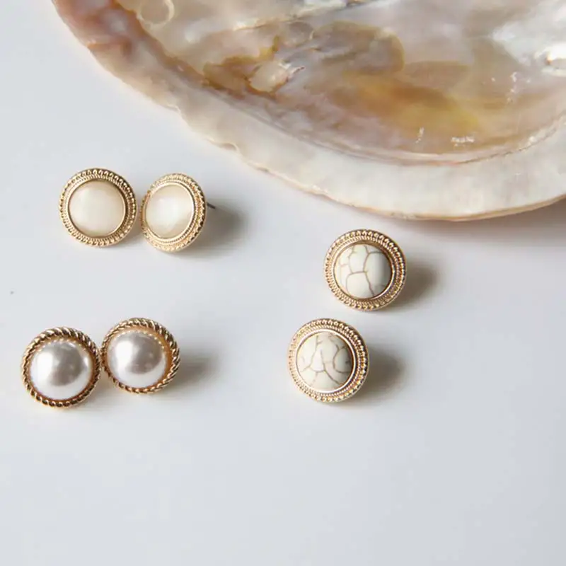 

3Model Stud Earring Simulated Pearl Big Fashion Temperament 1Pair White Marble Opal Stone Girls Round Earrings Stone New Vintage