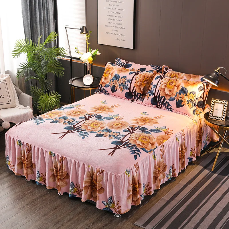Bed Skirt Flannel Printing Type Dark Blue Bed Cover Elegant Bedspread Satin Cotton Bed Sheet for Wedding Decoration Bed Cover - Цвет: B