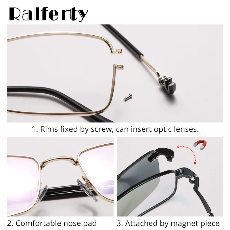 Ralferty, ретро квадратные поляризованные солнцезащитные очки для женщин и мужчин, металлические очки с магнитной застежкой, очки по рецепту, солнцезащитные очки D060