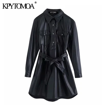 

Vintage Stylish Pockets Faux Leather Mini Shirt Dress Women 2020 Fashion Long Sleeve With Belt Female Dresses PU Vestidos Mujer