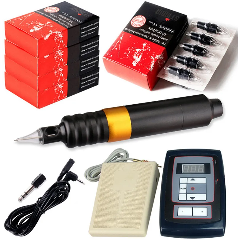 

Rotary Tatttoo Machine Kit Complete Permanent Makeup Pen Biomaser Rotary Tattoo Gun + 50Pcs Cartridge Needles + Power Supply