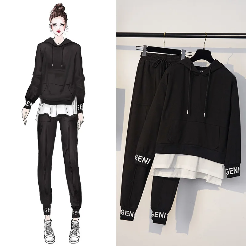 Large size women's hooded sweatshirt+ elastic waist casual pants autumn new loose sports suit sweatshirt two-piece suit