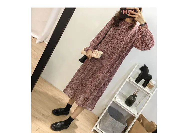 Loose-Fit Stand Collar Floral-Print Chiffon Long-sleeved Dress Autumn And Winter Women's Large Size Slimming Medium-length A- li