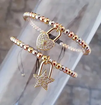 

5Pcs CZ Micro Paved Stars Heart Shape Screw Clasps Charms Component 4mm Gold Copper Round Beads Cord Knotted Adjustable Bracelet
