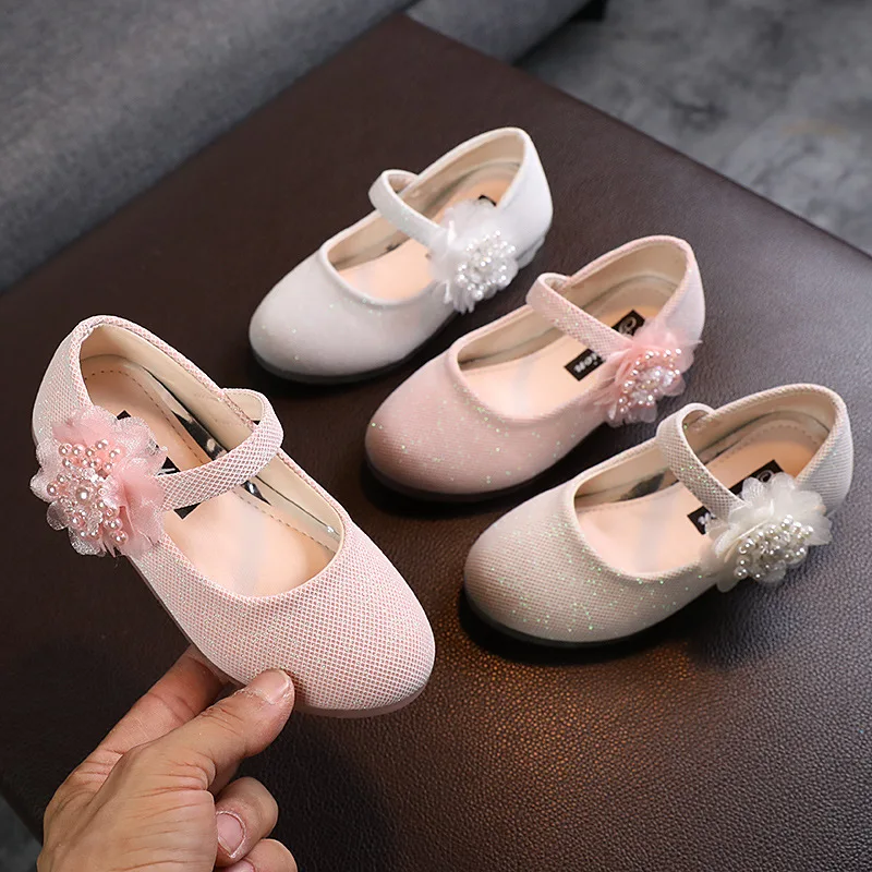 Girls Fashion Pearl Flower Kids Leather Shoes Children Princess Shoes High-heel Dance Shoes Sweet Hot for Wedding Flats 21-30