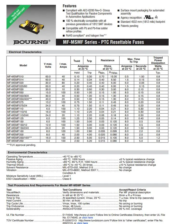 100 шт х MF-MSMF 0.14A 0.2A 0.3A 1.1A 1.25A 2.5A 2.6A 6V 8V 15V 30V 40 60V 1812 SMD Самовосстанавливающиеся предохранители для Bourns