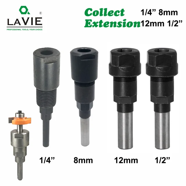 LAVIE 1 pc 1/4 8mm 12mm 1/2 Shank Router Bit Extension Rod Collet Engraving Machine Extension Milling Cutter for Wood MC04003