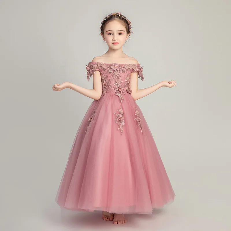 

Children's Word-shoulder Fluffy Gown Dress for Girls Fluffy Princess Tail Girl Dress for Party Wedding Kids Clothes Floral Dress