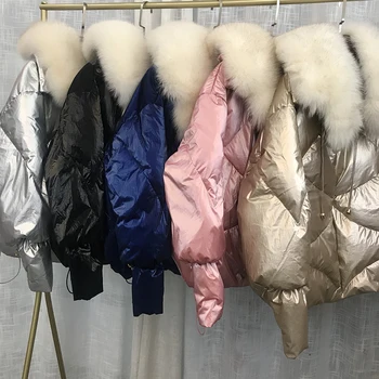 

Big Fox Fur Collar Down Parkas 2019 Winter White Duck Down Coats Women's Short Glossy Jackets Ladies Pink/Black/Gold/Silver Coat