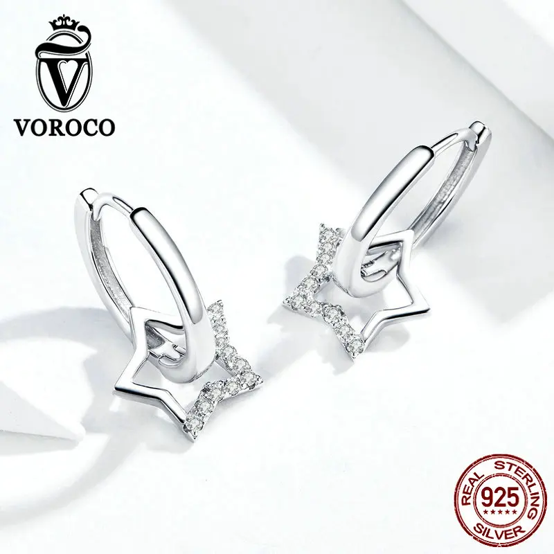 VOROCO,, настоящее 925 пробы, серебряные Висячие серьги, звезда, круглые серьги, циркон, хорошее ювелирное изделие для женщин, унисекс, BNE276