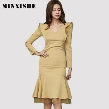 

Winter Autumn Womens Dress Mesh Mermaid Long sleeve Bandage Midi Vestidos Korean style V-neck Ruffles yellow Dresses MINXISHE