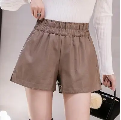 Khaki new hot shorts, Korean high waist PU shorts.Autumn winter faux leather shorts,sexy short pants,Fashion women's shorts - Цвет: Khaki