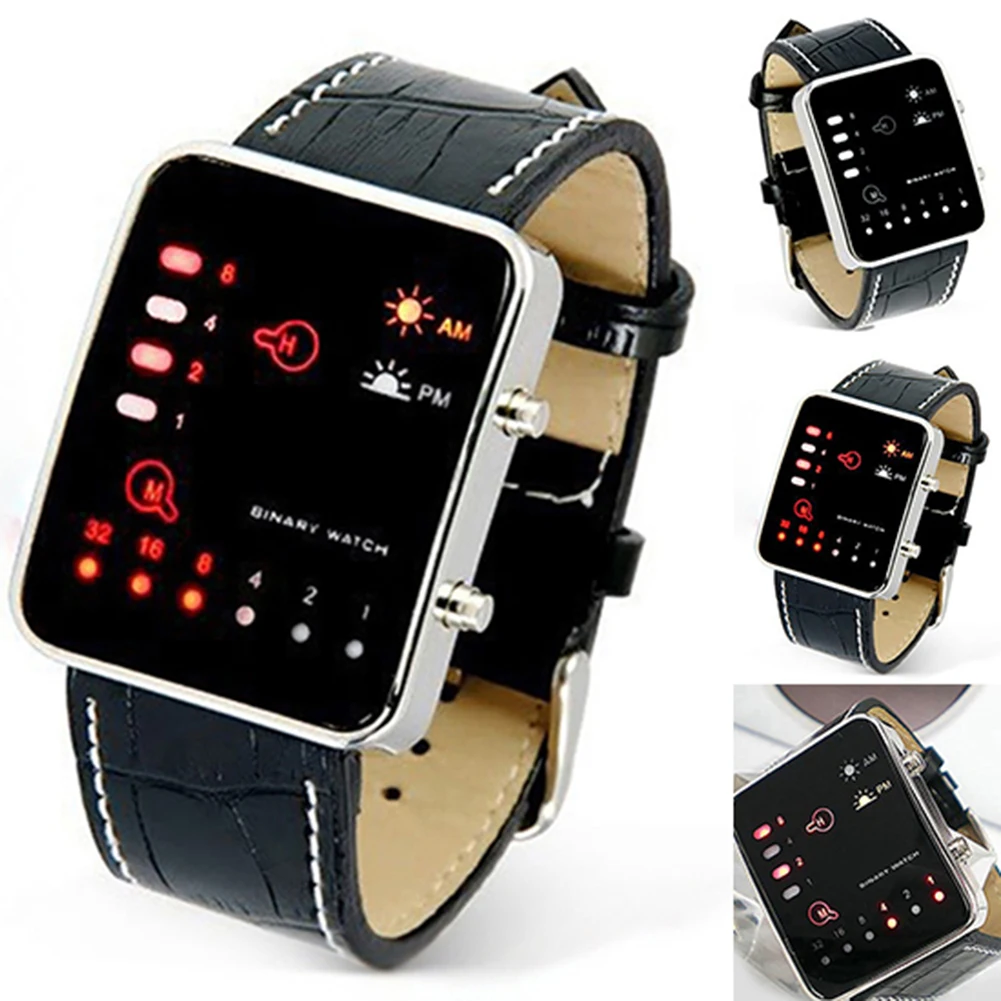 Digital Watch Men's Fashion Sports Digital Binary LED Display Faux Leather Strap Wrist Watch watch men relogio sport watch