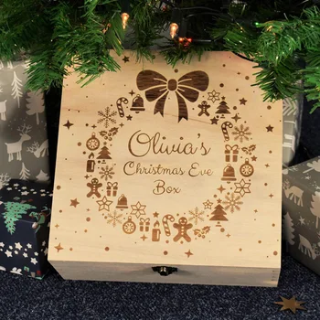 

New Christmas Festival Gift Pure Wooden Apples Presents Box Engraved Childrens Wooden Christmas Eve Apple Box Gifts Decor