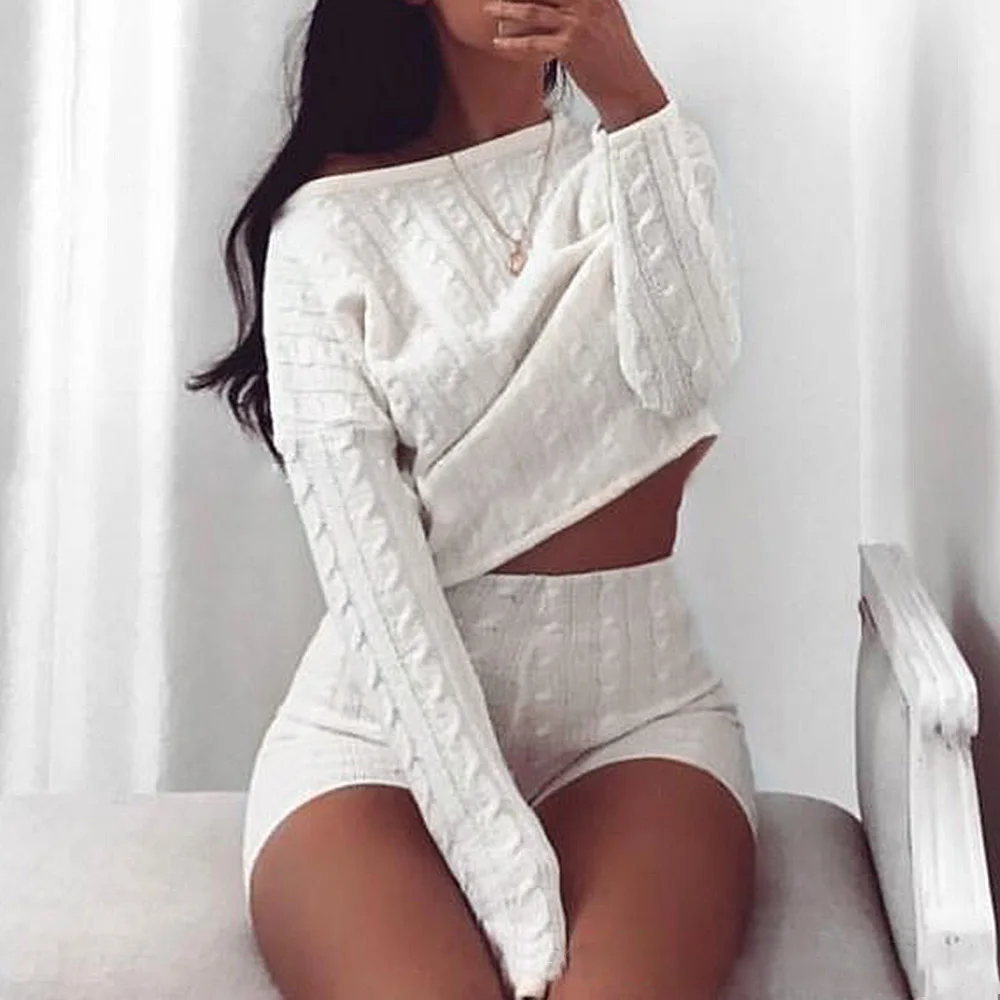 2020 Two Piece Sweater Set Women Knitted Twist Long Sleeve Crop Tops + Bodycon Shorts Sexy Outfit Suit Autumn Streetwear Sets
