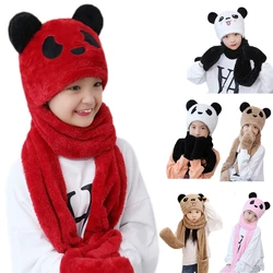 Kids Baby Winter 3 In 1 Hat Scarf Gloves Set Cute Panda Animal Ears Thicken Fuzzy Plush Hoodie Earflap Cap Neck Warmer