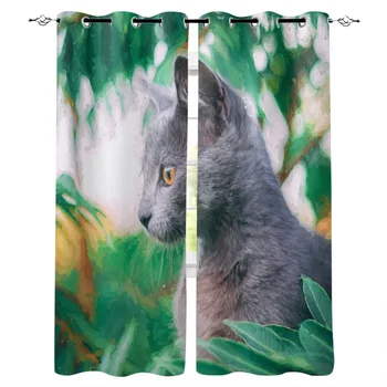 

Cat Green Leaf Oil Painting Window Curtains LivingRoom Kitchen Curtains Left and Right Biparting Open