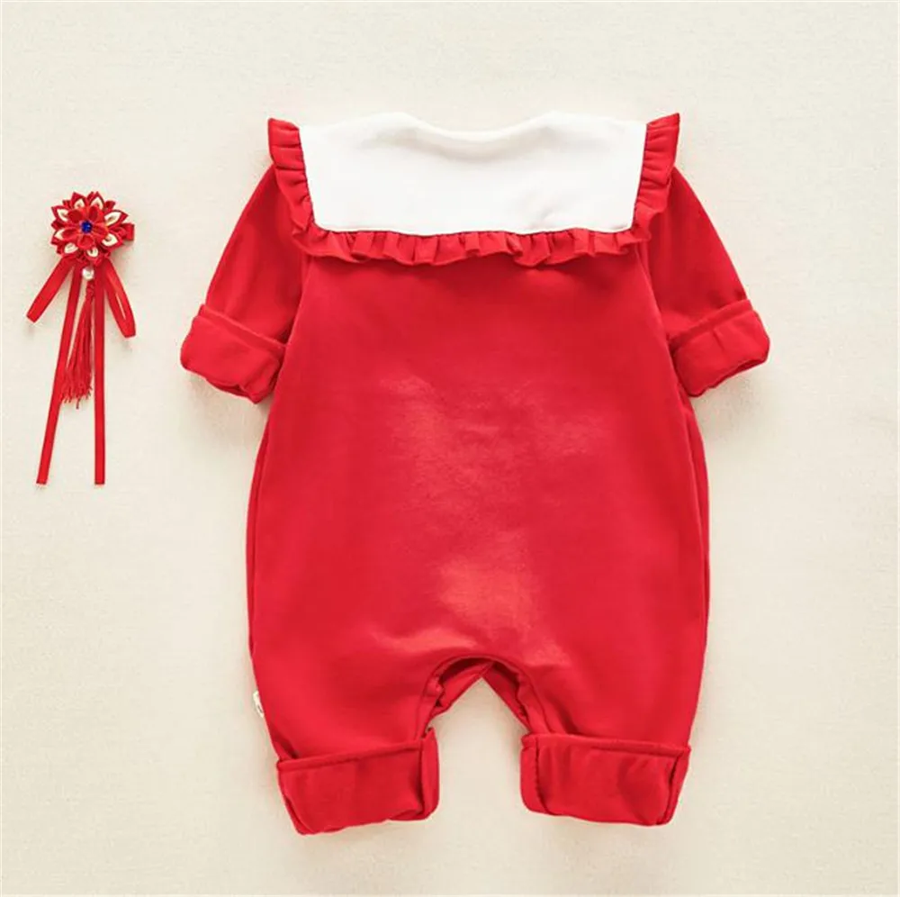 Комбинезон для маленьких девочек детский красный комбинезон с длинными рукавами и отворотами на удачу одежда для офиса от 3 до 18 месяцев