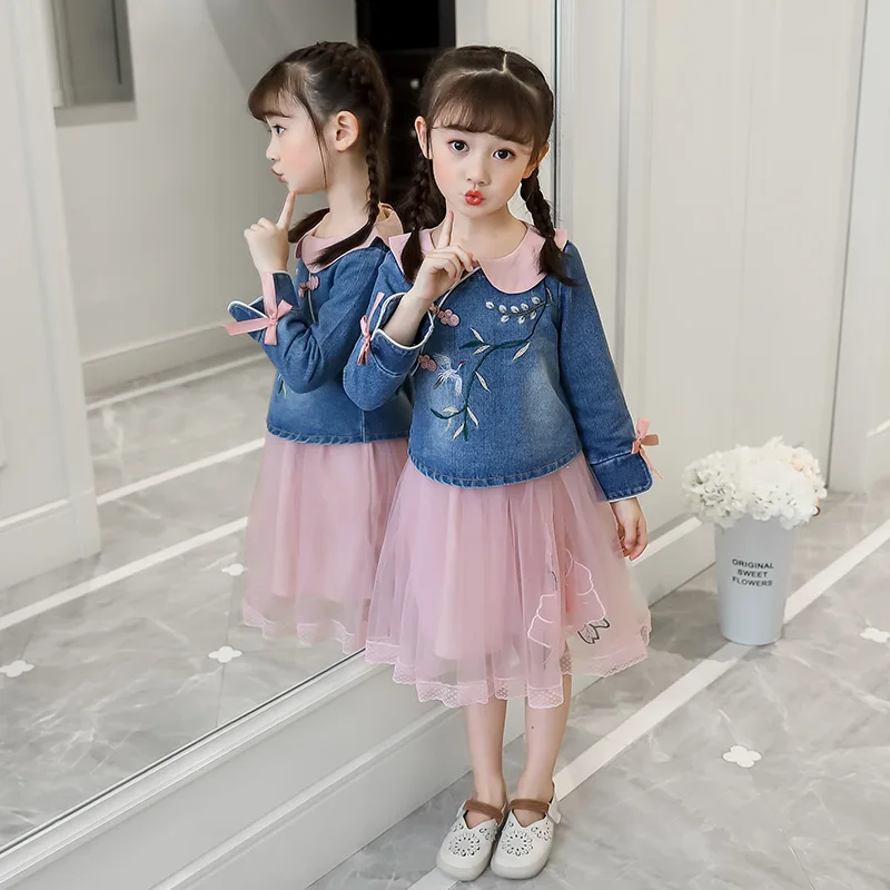 Милая одежда для маленьких девочек джинсовые топы с цветочной вышивкой + платья-пачки Детские комплекты принцессы из 2 предметов вечерние