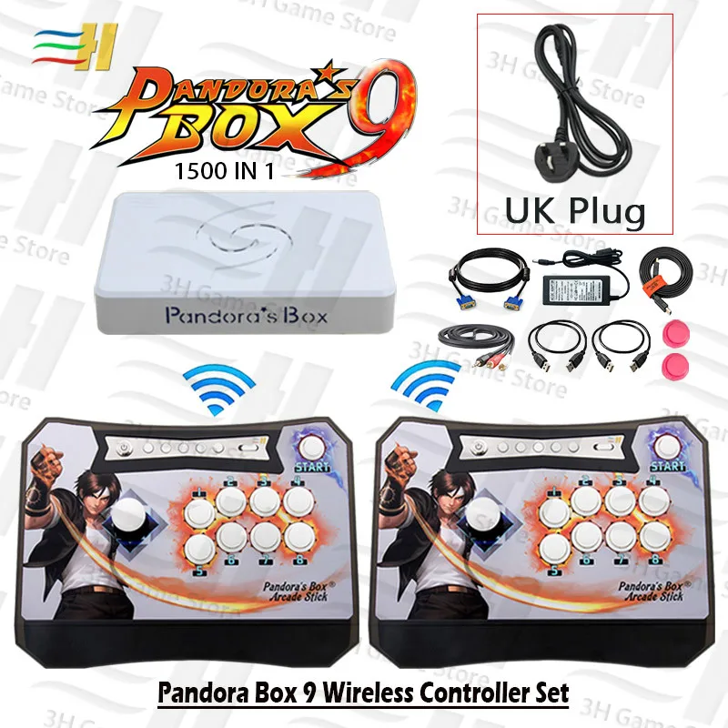 9 2P KOF black UK Pandora box 9 1500 в 1 Набор беспроводных контроллеров, 2 игрока, аркадная палка, джойстик, кнопка, консоль, zero derlay, подключи и играй, pacman - Цвет: 9 2P KOF black UK