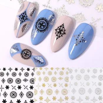 

3D Nail Sticker Gold Sliver Black Flower Leaf Series Nail Decals Retro Unique Self-Adhesive Laser Nail Tips Nail Art Decoration
