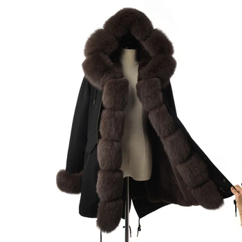 

FURSARCAR Fashion Black Jacket Real Fur Parka Women Winter 80 CM Long Coat With Fox Fur Collar And Cuff Casual Warm Fur Parka
