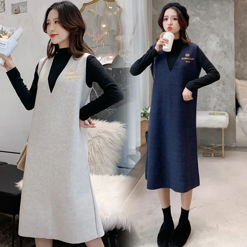 

Photo Shoot 2019 Autumn And Winter Maternity Clothes Fashion Hot Mom Knitted T-+ Woolen Vest Dress Two-Piece Set Fashion Mom Lar