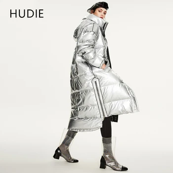 

2019 Winter Fashion Street Womens Edgy Sliver Long Down Jackets Cool Girls Zipper Hooded Down Coat Outerwear