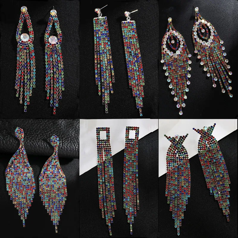 

Luxurious Gold Silver Color Long Crystal Tassel Dangle Earrings for Women Wedding Drop Earing Brinco Jewelry Gifts