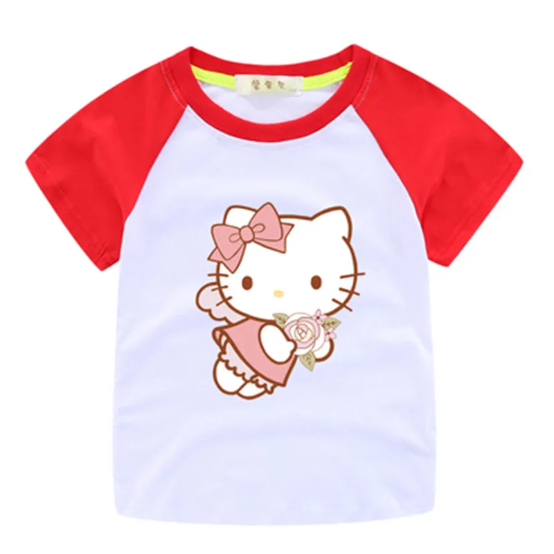 Hello kitty/Летняя футболка принцессы для девочек; Детские хлопковые топы; футболки; детская одежда для дня рождения; одежда для малышей; костюм - Цвет: Red and White