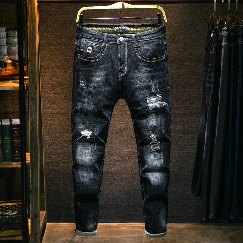 

High-End Quality Tattered Jeans Lining Printed Cloth Cabinet Jeans Elasticity Rich Second Generation Handsome Slim-Fit Pants Men